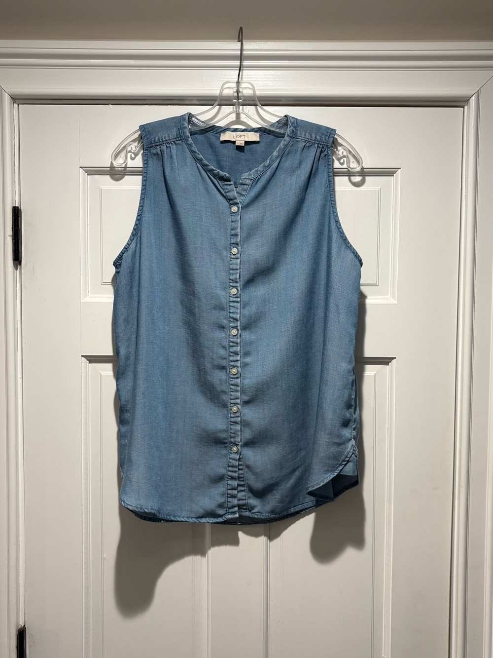 LOFT Denim-Style Light Blue Sleeveless Button-Up Blouse